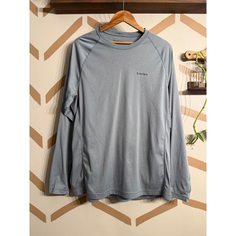 Simms SolarFlex Fishing Shirt Mens Large Grey UPF 50 Long Sleeve Raglan Tee